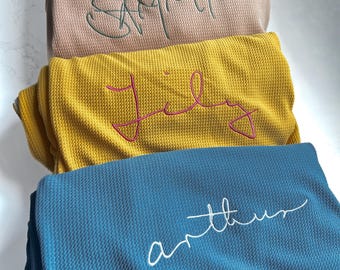 Custom Handwriting Embroidered Muslin Blanket: Personalized Keepsake Gift