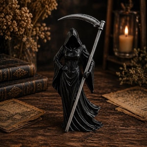 May include: A black Grim Reaper figurine with a silver scythe. The figure is wearing a hooded robe and stands on a wooden surface. The background includes old books, dried flowers, and a lit candle, creating a gothic theme.