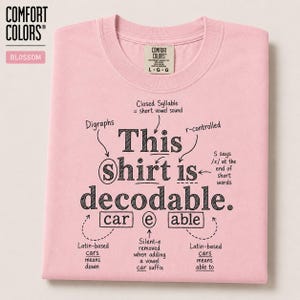 Op de afbeelding: Een lichtroze T-shirt met korte mouwen en de zwarte tekst This shirt is decodable. De afbeelding bevat taalkundige annotaties zoals Closed Syllable, Digraphs, r-controlled en Latijnse wortels met pijlen die naar specifieke woorden wijzen.