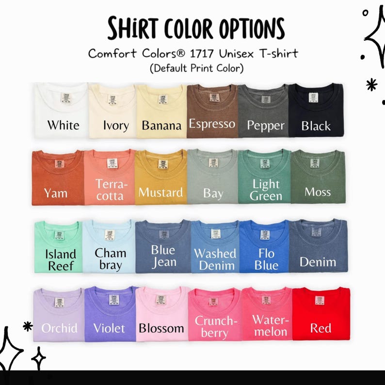 May include: A display of Comfort Colors 1717 unisex t-shirts in various colors. The image shows a range of hues, including white, ivory, banana, espresso, pepper, black, yam, terracotta, mustard, bay, light green, moss, island reef, chambray, blue jean, washed denim, flo blue, denim, orchid, violet, blossom, crunchberry, watermelon, and red.