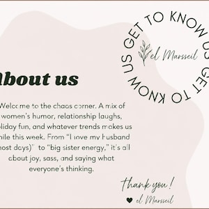May include: A beige and brown graphic with the text "About us" in dark green. The text describes a mix of humor, relationship laughs, and holiday fun. The image also includes the text "Us get to know" and "Thank you!" with a heart.