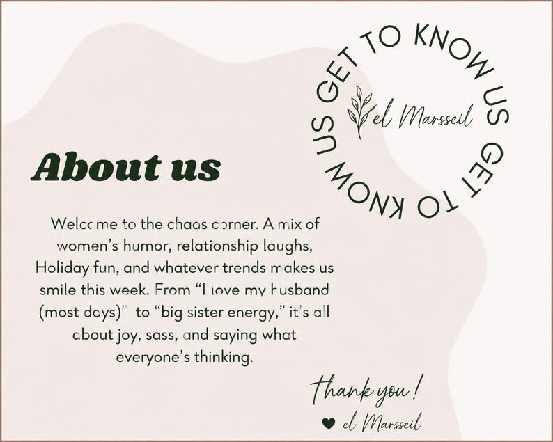 May include: A beige and brown graphic with the text "About us" in dark green. The text describes a mix of humor, relationship laughs, and holiday fun. The image also includes the text "Us get to know" and "Thank you!" with a heart.
