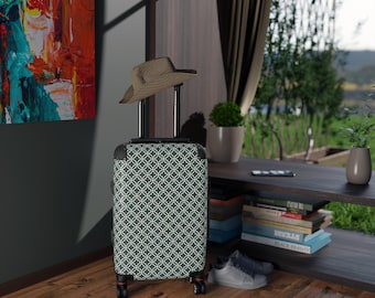 Patterned Hard-Shell Cabin Suitcase: Teal Lattice Polycarbonate Travel Bag