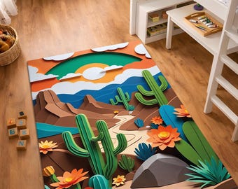 Desert Cactus Rug, Southwestern Kids Rug, Colorful Boho Desert Rug, Cactus Nursery Decor, Kids Room Area Rug, Washable Non Slip Rug