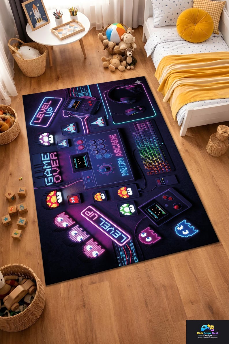 Retro Arcade Rug, Neon Gaming Rug, Pixel Gamer Rug, Level up Rug,gaming ...