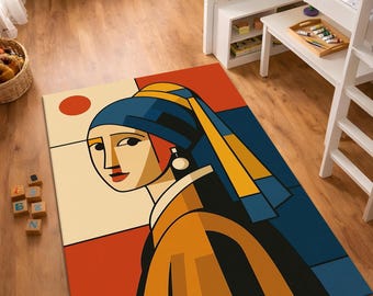 Tappeto Ragazza con orecchino di perla, tappeto con ritratto astratto, tappeto moderno in stile cubista, decorazione per pareti di galleria, tappeto lavabile antiscivolo