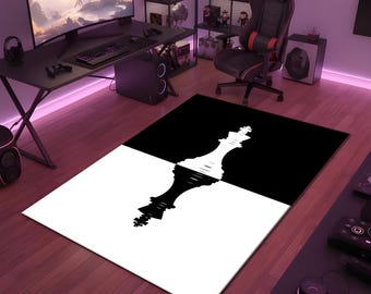 Tappeto con re degli scacchi, tappeto minimalista con scacchi, tappeto per giochi di strategia in bianco e nero, tappeto moderno per la stanza dei giocatori, tappeto lavabile antiscivolo