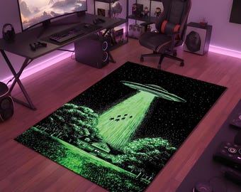 Tappeto con tema rapimento alieno, tappeto con raggio UFO, tappeto decorativo fantascientifico a tema spaziale, scena notturna extraterrestre, tappeto lavabile antiscivolo
