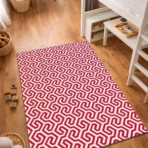 Red Geometric Kids Rug, Modern Playroom Rug, Minimal Pattern Area Rug, Scandinavian Nursery Rug, Washable Non Slip Carpet