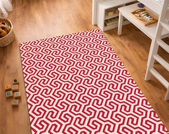Red Geometric Kids Rug, Modern Playroom Rug, Minimal Pattern Area Rug, Scandinavian Nursery Rug, Washable Non Slip Carpet