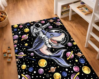 Tappeto spaziale con squalo astronauta, tappeto per bambini con avventura galattica, divertente tappeto per cameretta con animali spaziali, tappeto lavabile antiscivolo