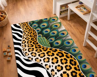 Animal Print Area Rug, Leopard Zebra Peacock Rug, Maximalist Home Decor, Bold Statement Carpet, Eclectic Living Room Rug, Washable Non Slip