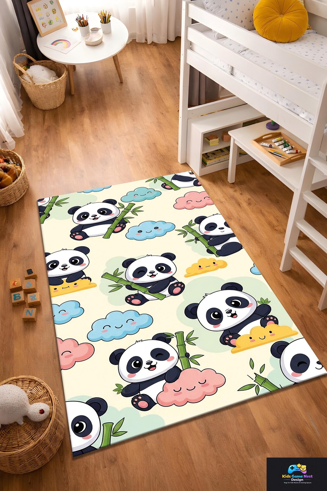 Panda Kids Rug, Cute Panda Bamboo Pattern Rug, Animal Playroom Carpet ...