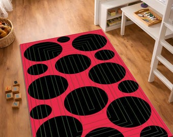 Tappeto astratto rosa e nero, tappeto con motivo geometrico a cerchi, decorazione moderna per pavimenti, tappeto artistico contemporaneo, lavabile e antiscivolo.