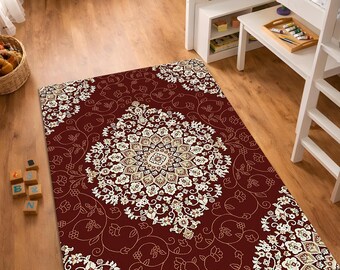 Red Persian Style Rug, Traditional Oriental Area Rug, Vintage Floral Carpet, Classic Living Room Rug, Washable Non Slip Area Rug