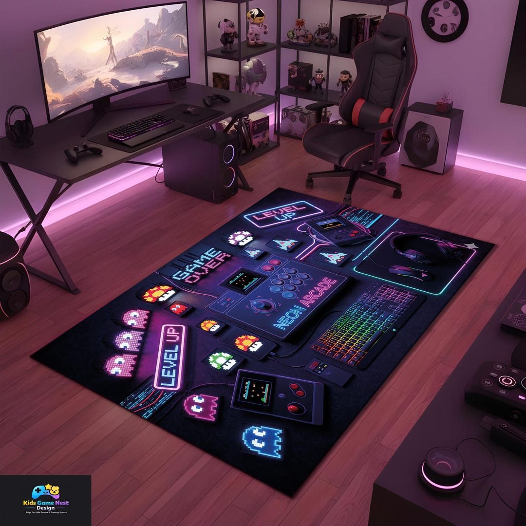 Rgb Gaming Rug Retro Arcade Rug, Neon Gaming Rug, Pixel Gamer Rug, Level up Rug,gaming ...