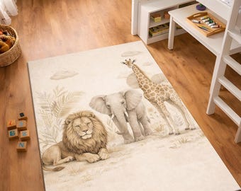 Tappeto Safari per la cameretta, tappeto neutro con animali per neonati, tappeto con leone, elefante e giraffa, tappeto Boho per la cameretta dei bambini, tappeto con animali della giungla per la cameretta, tappeto per la cameretta dei bambini, lavabile