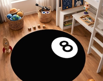 Tappeto rotondo con palla da biliardo numero 8, tappeto con palla da biliardo, tappeto decorativo per sala giochi, tappeto minimalista nero per camera di ragazzi, tappeto a tema tavolo da biliardo, tappeto alla moda per camera di ragazzi, lavabile
