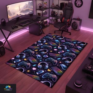 Tappeto con motivo gaming, tappeto per camera da gamer, tappeto per postazione gaming RGB, tappeto per gamer al neon, tappeto per camera da gamer per adolescenti, tappeto con controller e cuffie, tappeto per camera dei bambini, lavabile