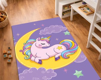 Tappeto unicorno per bambini, grazioso tappeto unicorno arcobaleno e luna, tappeto da gioco da principessa fantasy per la stanza dei giochi, tappeto decorativo magico per la cameretta dei bambini, tappeto per la cameretta delle bambine, lavabile