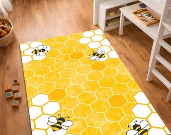 Bee Kids Room Rug, Honeycomb Nursery Rug, Cute Bee Area Rug, Yellow Playroom Decor Carpet, Baby Room Rug, Washable Non Slip Area Rug