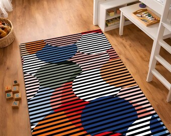 Tappeto geometrico astratto, tappeto con motivo a cerchi colorati, decorazione moderna a righe per pavimenti, tappeto artistico contemporaneo, lavabile e antiscivolo.