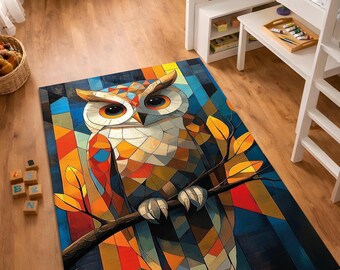 Owl Area Rug, Colorful Geometric Animal Rug, Modern Abstract Carpet, Kids Room Decor Rug, Nursery Playroom Rug, Washable Non Slip Area Rug