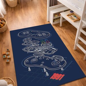 Tappeto con controller per videogiochi retrò, tappeto con design gamepad esploso, tappeto decorativo per la stanza dei giocatori, tappeto artistico per console vintage, tappeto per bambini appassionati di tecnologia e videogiochi, lavabile