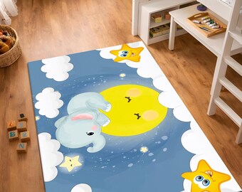 Baby Nursery Rug Elephant Moon, Kids Room Rug, Cute Animal Rug, Toddler Play Mat, Sleep Theme Carpet, Washable Non Slip Area Rug