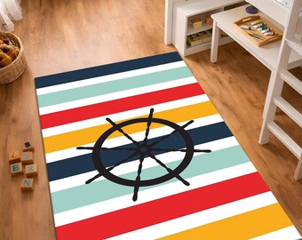 Colorful Nautical Kids Rug, Ship Wheel Rug, Coastal Playroom Rug, Striped Area Rug, Beach House Decor Carpet, Washable Non Slip Rug