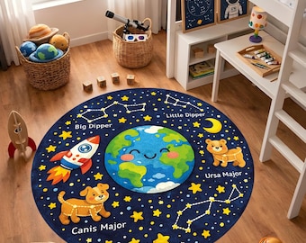 Tappeto per bambini con il sistema solare, tappeto educativo spaziale, tappeto per la cameretta, tappeto per la stanza dei bambini con le costellazioni, tappeto da gioco con il pianeta Terra, tappeto astronomico per bambini piccoli