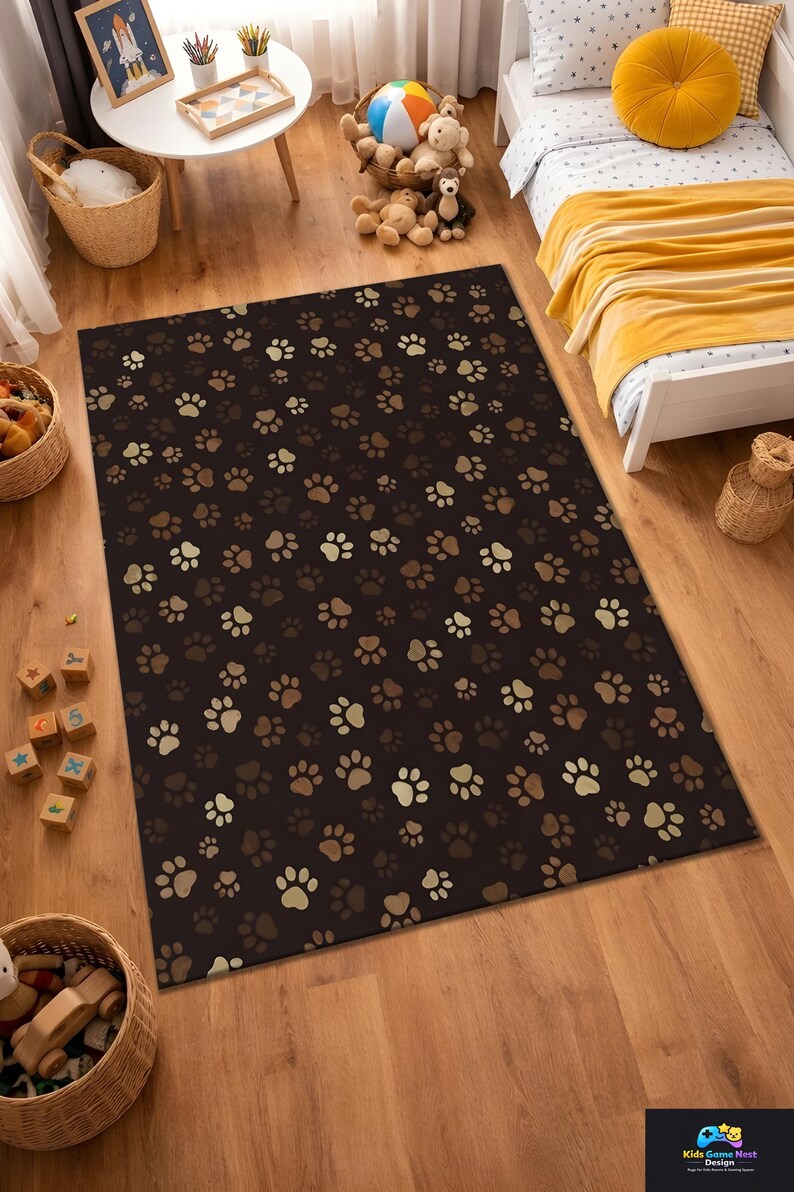 Square Paw Print Rug Dog Paw Print Kids Rug, Brown Paw Pattern Nursery Rug, Pet Lover Kids ...