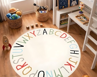 Tappeto rotondo per imparare l'alfabeto, tappeto ABC per la cameretta dei bambini, tappeto educativo per la stanza dei giochi, tappeto Montessori per la cameretta dei bambini, tappeto educativo per neonati, lavabile e antiscivolo.