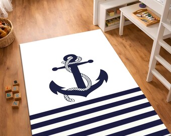 Nautical Anchor Rug, Kids Room Rug, Coastal Nursery Rug, Navy Blue Striped Area Rug, Beach House Decor Carpet, Washable Non Slip Rug