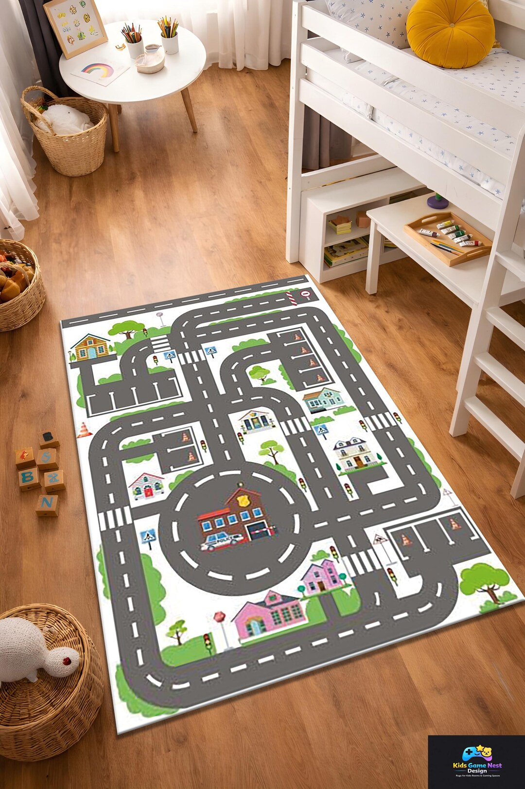 Kids City Road Rug, Playroom Car Track Carpet, Town Map Nursery Rug ...