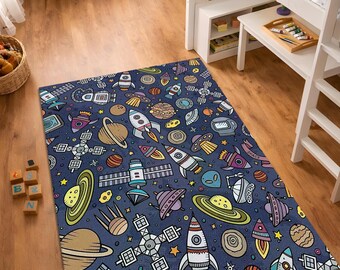 Tappeto spaziale per bambini, tappeto per cameretta con razzi, pianeti e galassie, tappeto decorativo per la cameretta a tema spazio, tappeto antiscivolo lavabile.