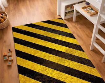 Tappeto per bambini con strisce di pericolo, tappeto con motivo di avvertimento industriale, tappeto moderno per la stanza dei giochi, tappeto a strisce nere e gialle, tappeto decorativo a tema cantiere, lavabile