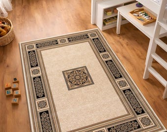Tappeto classico con bordo decorativo, tappeto tradizionale beige, tappeto in stile vintage, elegante motivo a medaglione, tappeto antiscivolo lavabile.