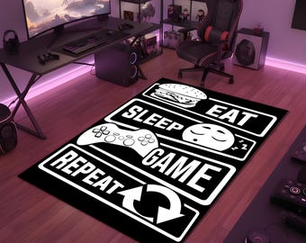 Tappeto Eat Sleep Game Repeat, tappeto decorativo per la stanza dei giocatori, tappeto con controller per videogiochi, tappeto per la camera da letto di un ragazzo adolescente, tappeto lavabile antiscivolo