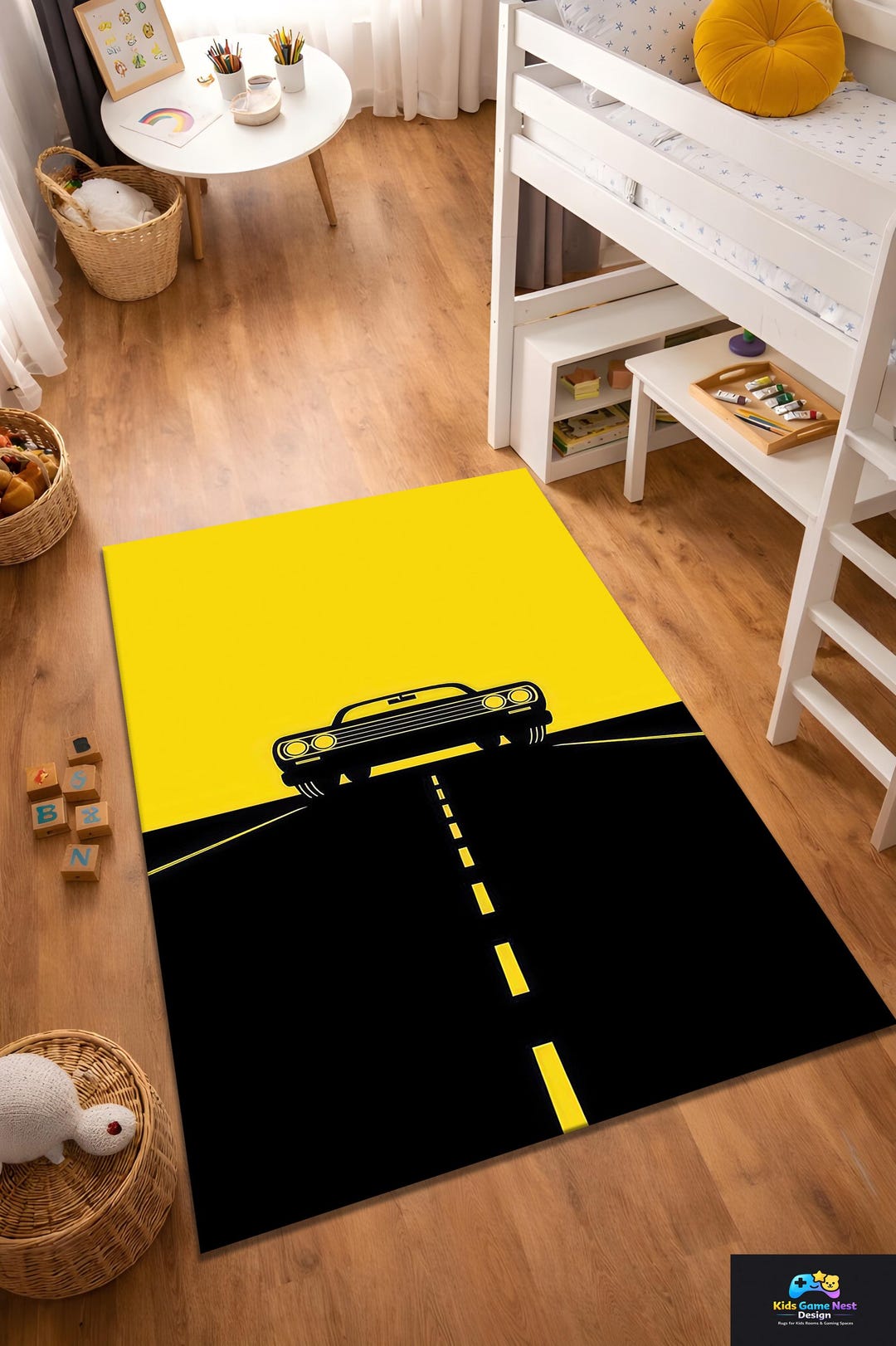 Retro Car Road Rug, Minimal Yellow Black Driving Rug, Vintage Muscle ...