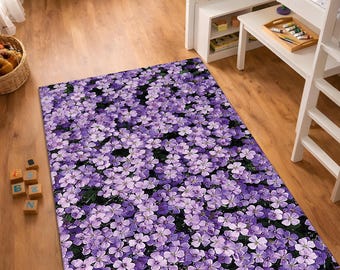 Tappeto floreale viola, tappeto con fiori di lavanda, tappeto da giardino botanico, arredamento per la casa in stile cottagecore, tappeto con fiori di violetta, tappeto antiscivolo lavabile