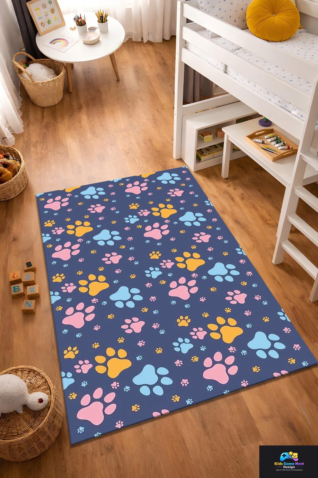 Paw Print Kids Rug, Cute Pet Paw Pattern Rug, Colorful Animal Track ...