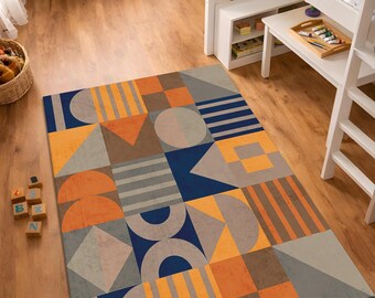 Tappeto in stile Mid-Century Modern, tappeto geometrico Bauhaus, decorazione scandinava astratta, tappeto retrò a blocchi di colore, tappeto lavabile antiscivolo