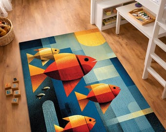 Abstract Fish Area Rug, Mid Century Modern Rug, Geometric Ocean Design Carpet, Retro Art Rug, Living Room Decor Rug, Washable Non Slip