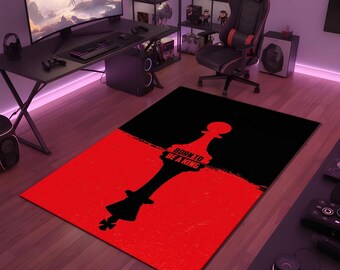 Tappeto con re degli scacchi, Nato per essere un re, Decorazione minimalista a tema scacchi, Tappeto strategico nero e rosso per la stanza, Tappeto lavabile antiscivolo