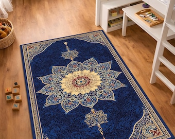 Blue Persian Style Rug, Oriental Area Rug, Vintage Floral Rug, Boho Living Room Carpet, Traditional Medallion Rug, Washable Non Slip Rug