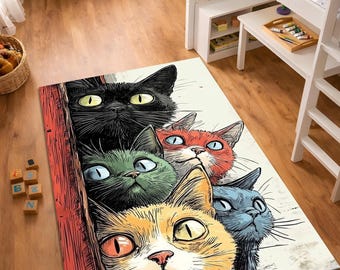 Colorful Cat Rug, Cute Cats Area Rug, Kids Room Decor Carpet, Animal Lover Gift Rug, Playroom Nursery Rug, Washable Non Slip Area Rug