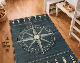 Tappeto con bussola nautica, tappeto con faro costiero, tappeto per camera da letto a tema marittimo, tappeto decorativo per casa al mare, tappeto lavabile antiscivolo