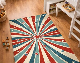 Retro Starburst Rug, Kids Playroom Rug, Vintage Circus Style Carpet, Colorful Teen Room Decor, Radial Pattern Area Rug,Washable Non Slip Rug