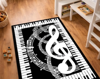 Tappeto con tastiera di pianoforte, tappeto con note musicali, tappeto decorativo per musicisti in bianco e nero, tappeto per la stanza della musica, tappeto antiscivolo lavabile